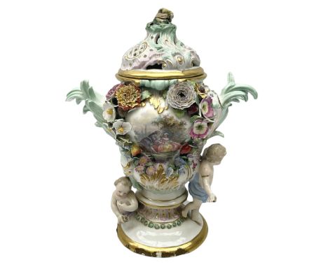 Meissen potpourri vase and cover, for restoration, of baluster form decorated with hand painted panel of a courting couple, a