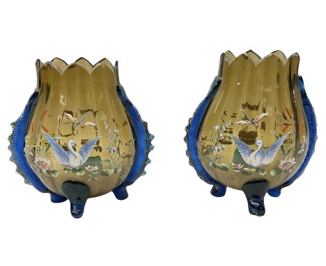 Pair of 19th century glass vases in the style of Auguste Jean, of bulbous form with lobed rim and applied blue glass zoomorph