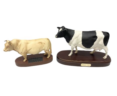 Beswick Connoisseur model of a Charolais Bull, on wood plinth, together with Royal Doulton matt Friesian cow, on wooden plint