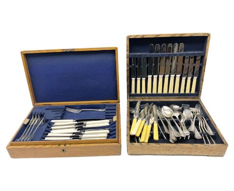 Mappin &amp; Webb oak cased silver plated part canteen of cutlery, together with another cased part canteen with a removable 