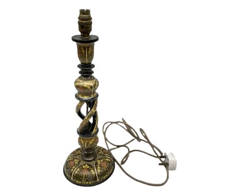 Kashmiri papier mache table lamp, open spiral twist column decorated with flowers, on a turned base,  H43cm
