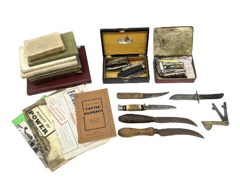 Veterinary fleams and other tools together with various veterinary books, including Hewthorn's Veterinary Guide, Farms and Fa