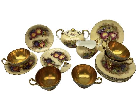 Aynsley Orchard Gold pattern teawares, comprising four tea cups, three saucers, six dessert plates, milk jug and twin handled