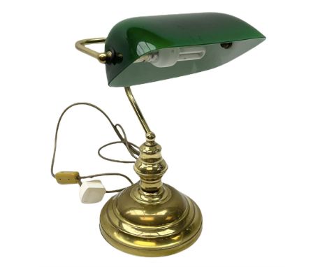 Brass bankers desk lamp, with adjustable green glass shade and stepped circular base, H40cm