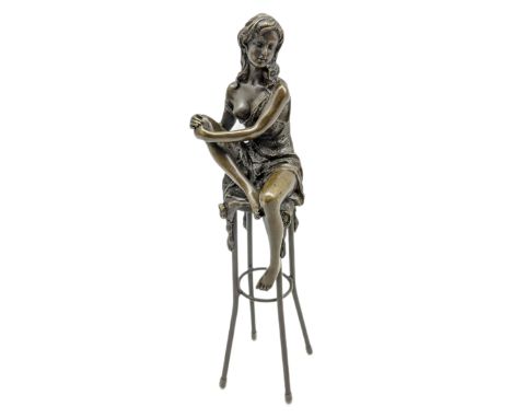 Art Deco style bronze modelled as a female figure with knee raised, seated upon a chair, after 'Pierre Collinet', H27cm
