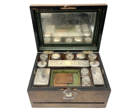 19th Century walnut dressing table box, with mother of pearl escutcheon and vacant ornate plaque and inlay decoration to hing