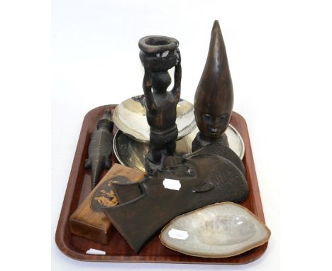 Two trays containing Royal Doulton ladies, Wedgwood Jasperware, a silver cased pocket watch, tribal carvings and a Keswick Sc