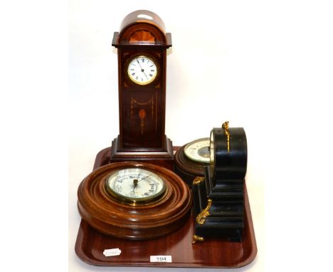 A small inlaid mahogany longcase clock, mantel timepiece and two oak cased barometers