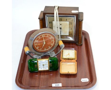 A Smiths 1920 mantel clock, an oak cased mantel clock of similar date and two travelling clocks  