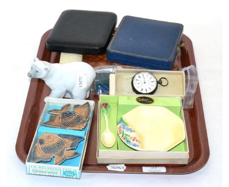 Silver pocket watch, two cased sets of silver spoons, Lladro bear, two Parker fountain pens, Carltonware dish and Wade dishes