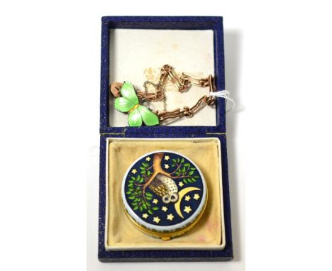 A Danish enamel butterfly brooch, Halcyon days enamel travel clock and a 9ct gold gate link bracelet Butterfly brooch - stamp