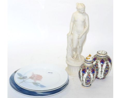 A Victorian Parian ware figure of a Neo-classical nude, 35cm high; with two Royal Worcester ovoid vases (3)