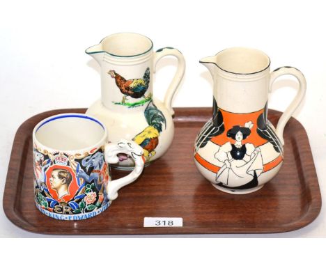 Two Wardle & Co jugs and a Coronation mug designed by Dame Laura Knight