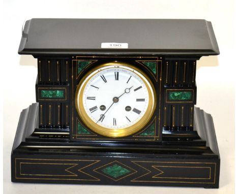 A black slate and malachite inlaid mantel clock 