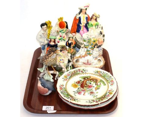 Five various Staffordshire figures, 19th century, including Scottish flatback; with a pair of Spode plates and two bird figur