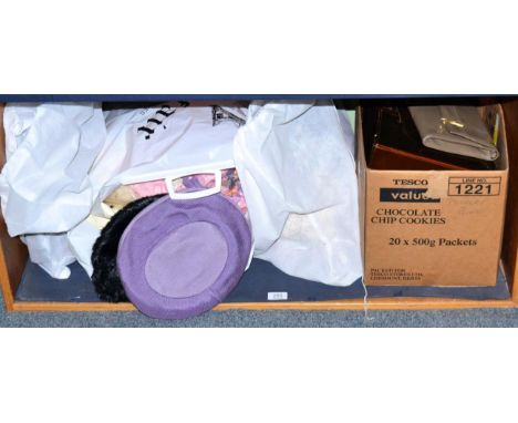 A quantity of textiles including handbags, hats, fur coat etc 