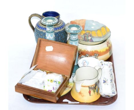 A group of Royal Doulton series ware including a Shylock dish, a pair of Carlton ware candlesticks, Doulton Lambeth jug, Coal