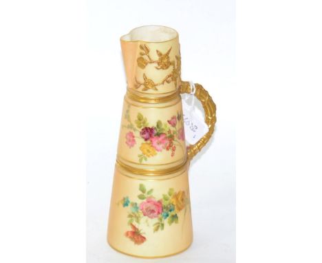 A Royal Worcester blush ground ewer, of tapered form, floral decoration, gilt embellished, model 1047, 20cm high