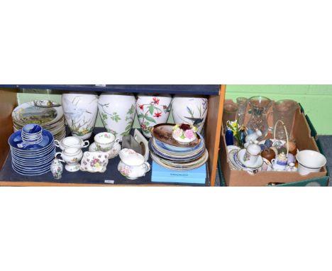 Four large vases, collectors plates, animal ornament etc (shelf and a box)