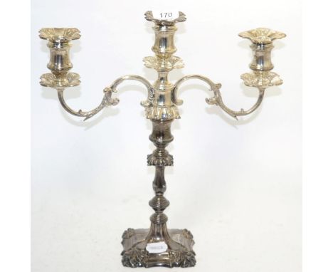 A silver three light candelabra 