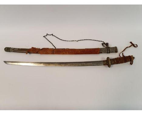 A Japanese Katana, with a cord bound fishskin grip, in a painted metal scabbardProvenance brought back by George Wilson at th