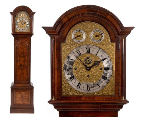 A longcase clock, the 31 cm arched square brass dial signed Maple, London, Made in England, to a plaque, the silvered chapter