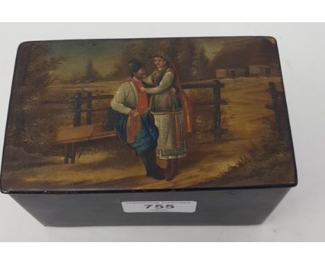 A Russian tea caddy, decorated an amorous couple by a fence, 14 cm wide 