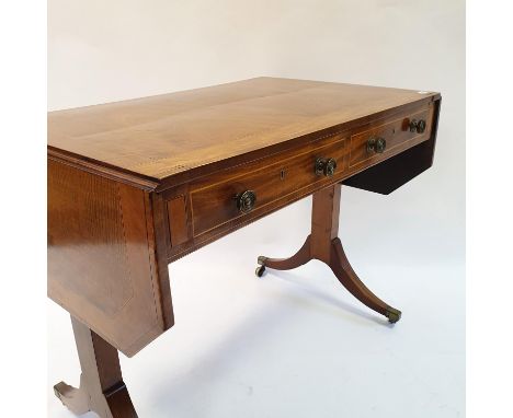 A 19th century mahogany sofa table, crossbanded in satinwood, with two frieze drawers, on end supports with splay legs, 92 cm