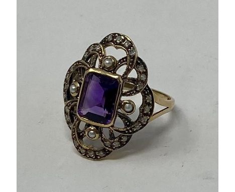 A 9ct gold, amethyst, pearl and diamond ring 