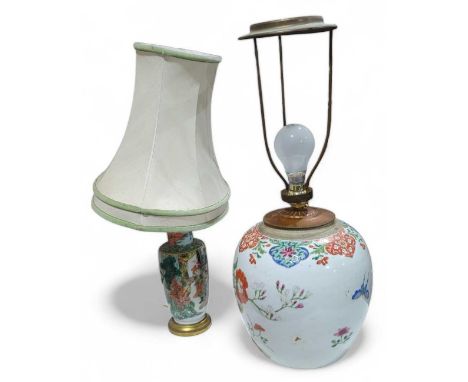 A Cantonese ginger jar painted with garden scene now converted to a table lamp, 24cms high together with a Cantonese baluster