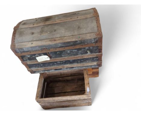 A sailors domed top trunk, one other and a vintage wood crate