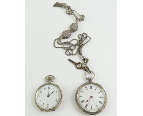 A small silver open faced pocket watch, together with a continental silver open faced pocket watch on a Victorian watch chain