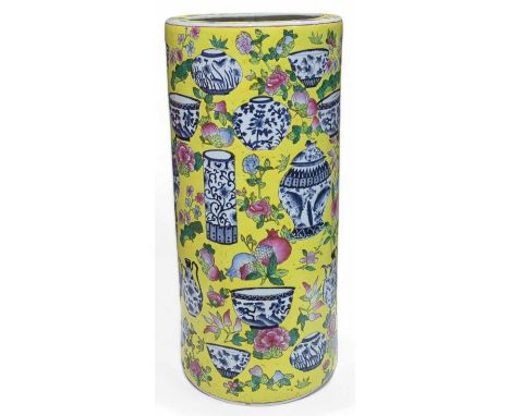 A Cantonese cylindrical stick stand decorated with depictions of pottery items, 46cms high