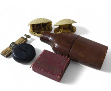 A small boxwood and brass folding rule, Ronson cigarette lighter in box, a glass flask in leather case, small flask and two J