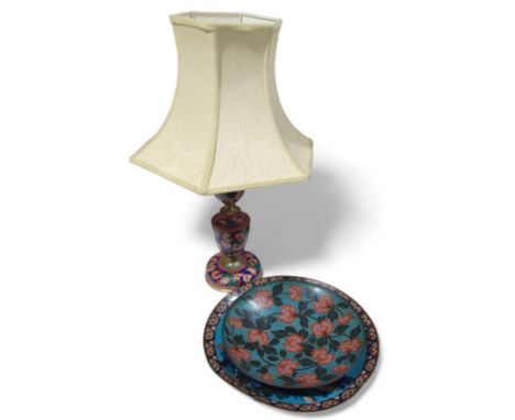 A Japanese cloisonne dish with floral design, another cloisonne dish and a cloisonne table lamp (3)