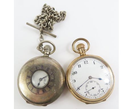 A silver J W Benson half hunter pocket watch, a silver graduated pocket watch chain and a gold plated open face pocket watch 