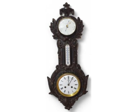 A 19th century bronzed wall clock barometer by Wainwright and Co, Birmingham, with two circular dials and thermometer