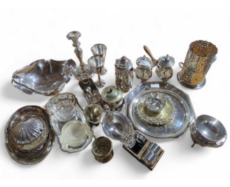 A quantity of decorative silver plate including chocolate pots, trays, bread basket and candlestick