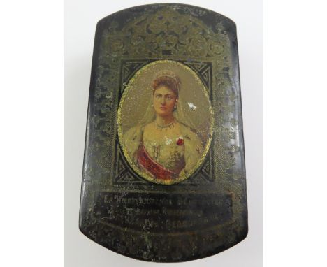 A Victorian box, painted black, decorated with a portrait and with Cyrillic writing below, the portrait possibly Tsarina Alex