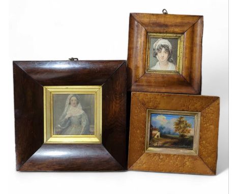 A 19th Century birds eye maple frame containing portrait print together with three other small decorative 19th Century wood f