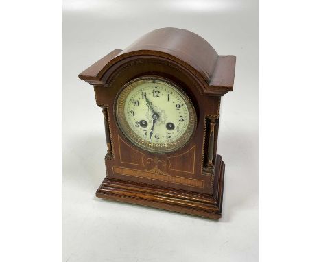 An Edwardian mahogany and inlaid eight day mantel clock with Arabic numerals to the circular dial, height 24.5cm