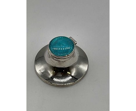 MARSON &amp; JONES; a George VI hallmarked silver inkwell with turquoise blue guilloché enamel decorated hinged lid, glass li