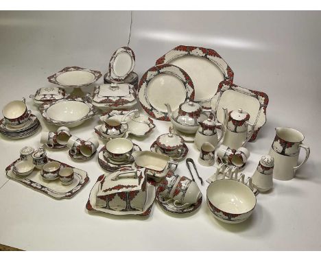 CROWN DUCAL; a large quantity of 'Orange Tree' table ware including square sectioned lidded tureen, meat plate, comport, teap