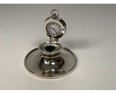 A &amp; J ZIMMERMAN LTD; an unusual Edwardian hallmarked silver combination inkwell and pocket watch, the hinged cover contai