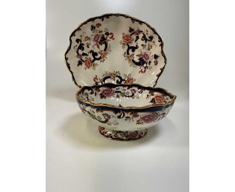 MASONS; a large oyster shaped 'Mandalay' serving bowl, width 42cm, also a large footed serving bowl, width 27cm.