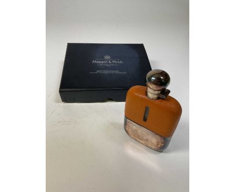 JAMES DIXON &amp; SONS; a George VI hallmarked silver and leather clad hip flask with screw cap and pull off base cup, Sheffi