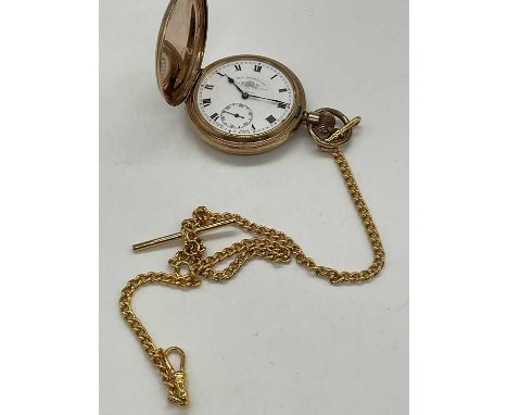 A gold plated full hunter crown wind pocket watch with white enamel dial inscribed 'Thos Russell &amp; Son, Liverpool' with R