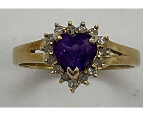 A 14ct yellow gold amethyst and diamond heart shaped cluster ring, size M, approx. 2.4g. 