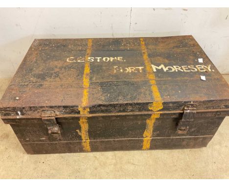 A metal American Military trunk, painted to side and top, ' CL Stone, Port Moresby', height 30cm, depth 46cm, width 78cm.