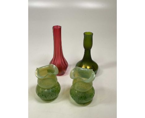 A Kralik Gloria iridescent green glass vase, height 22cm, and another example in cranberry, height 25cm, also a pair of Loetz